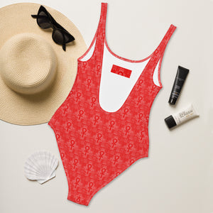 Red Ankh patchwork One-Piece Swimsuit