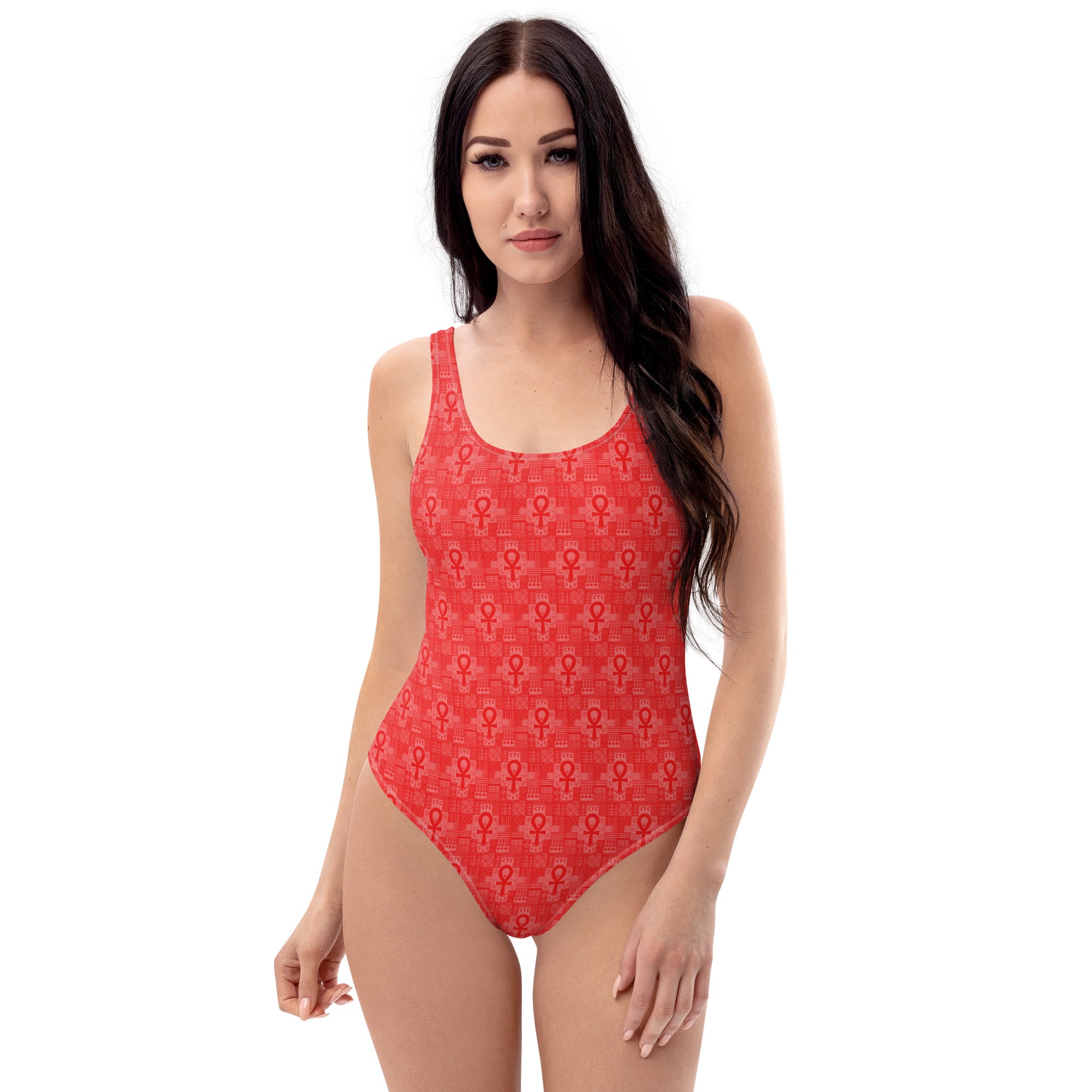 Red Ankh patchwork One-Piece Swimsuit