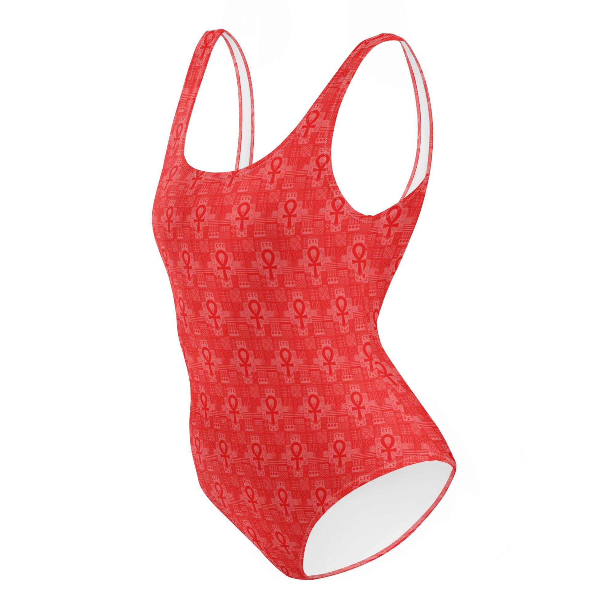 Red Ankh patchwork One-Piece Swimsuit