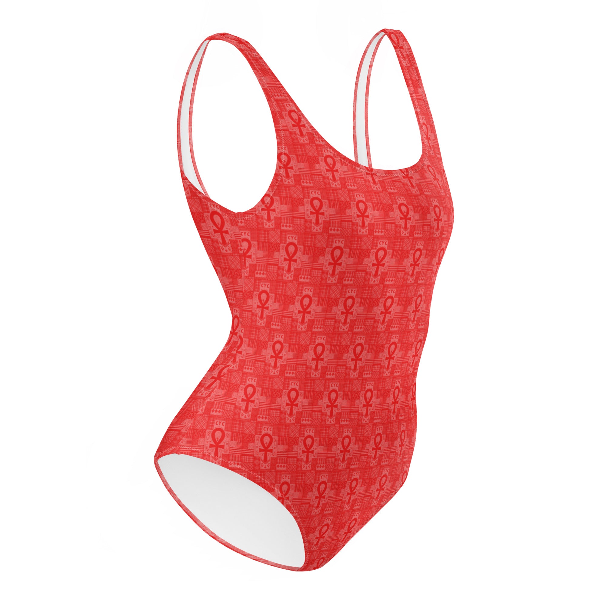 Red Ankh patchwork One-Piece Swimsuit