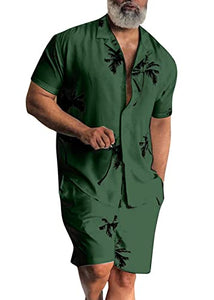 chouyatou Men's Summer Hawaiian Coconut Palm Print 2 Piece Outfits Button Down Shirt and Shorts Sets (Small, Army Green)