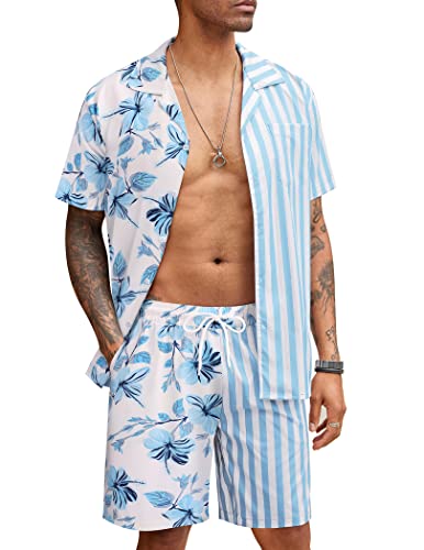 COOFANDY Men Matching Sets Outfits Hawaiian Striped Shirt Short Sleeve Summer Sets